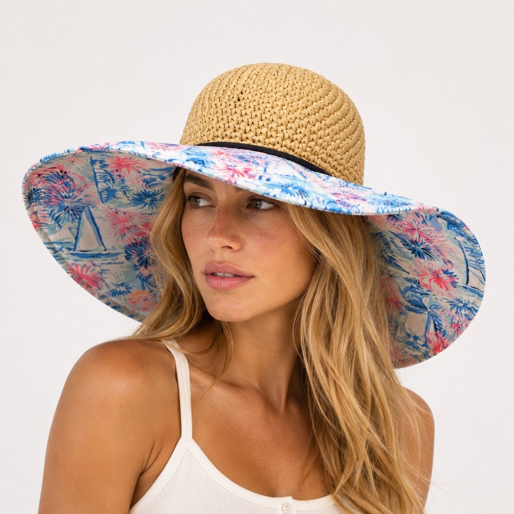 Lilly Pulitzer Sea to Shining Sea Straw Sun Hat Wide Brim Pink Blue Metallic OS